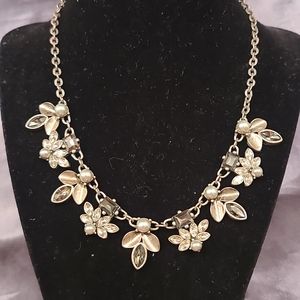 Vintage Silver Necklace with Rhinestones and Pearls, 16.5"